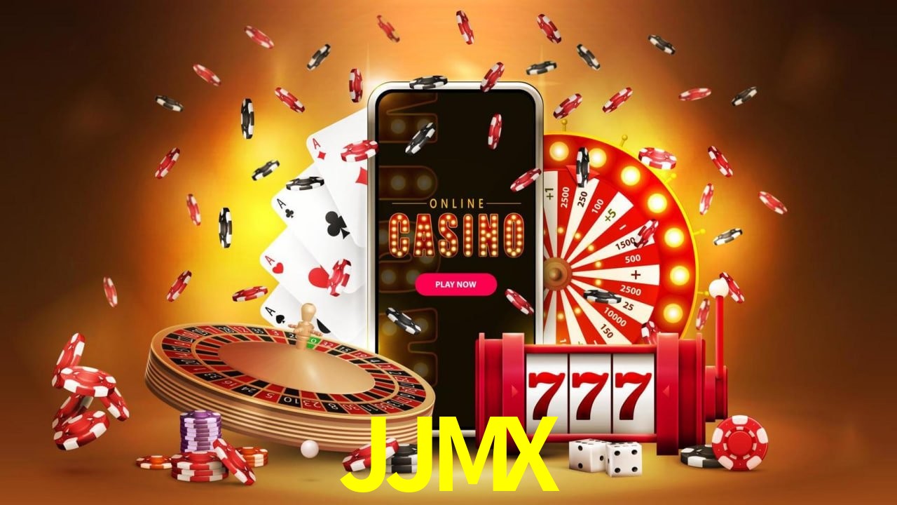 Una escena digital vívida inspirada en casino con JJMX mostrado prominentemente, luces brillantes, fichas, cartas y acentos dorados.