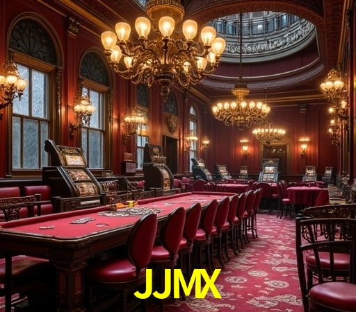 Escena dinámica inspirada en casino con iluminación JJMX, cartas, fichas e íconos de juegos digitales en un espacio moderno de juegos.